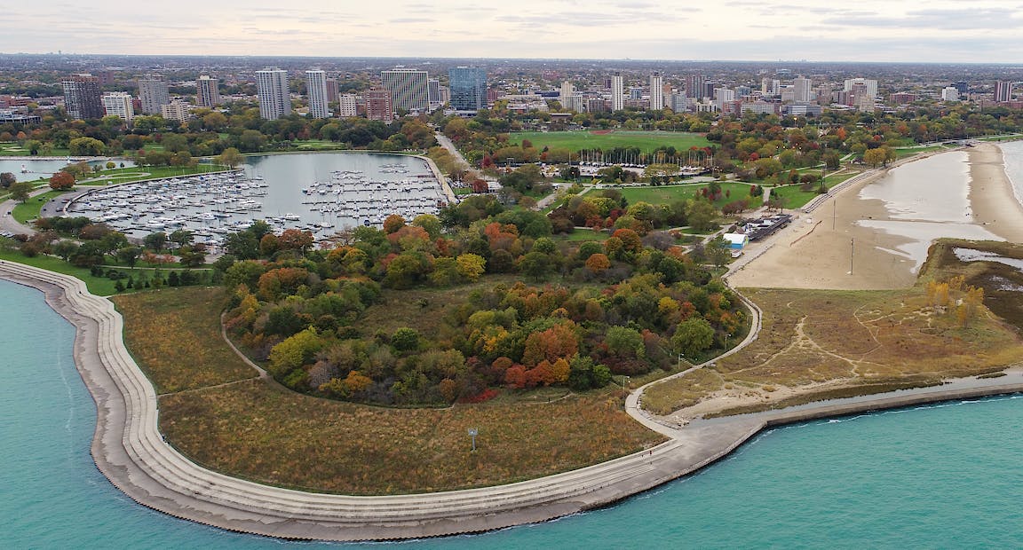 A wooded area is near a body of water.
